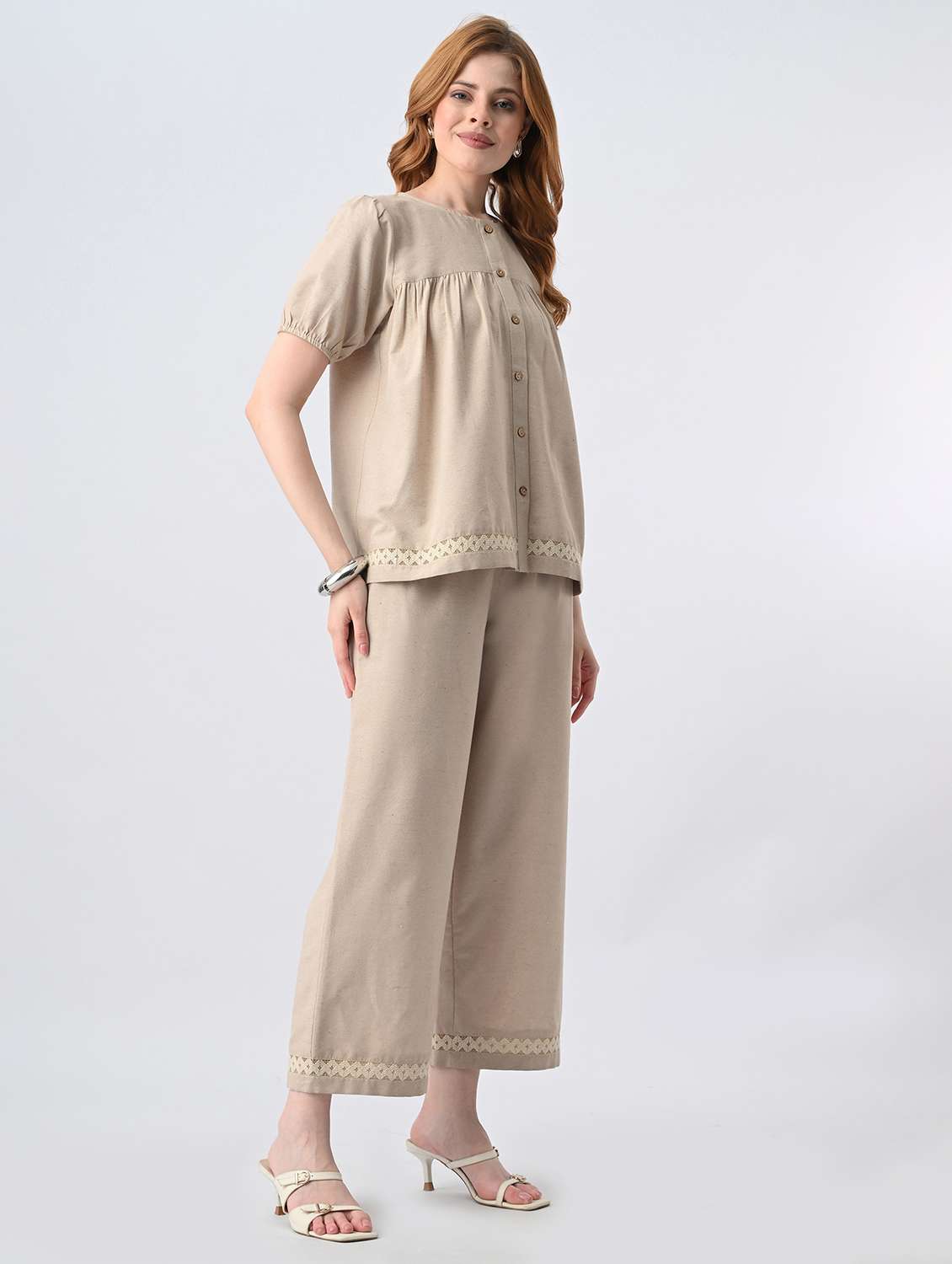 women solid short sleeve top & trouser set co-ord - 22524284 -  Standard Image - 3