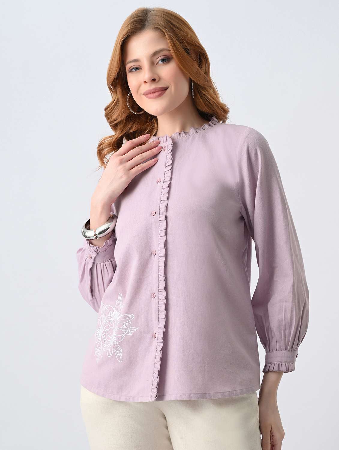 women embroidered round neck regular shirt