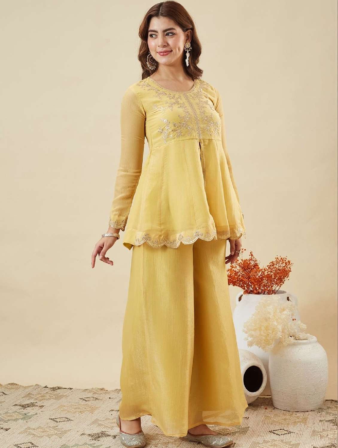 women embroidered round neck kurta palazzo set with dupatta - 22524298 -  Standard Image - 5
