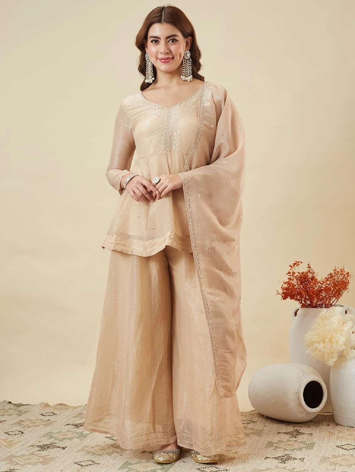 women embroidered three quarter sleeves kurta and palazzo set with dupatta