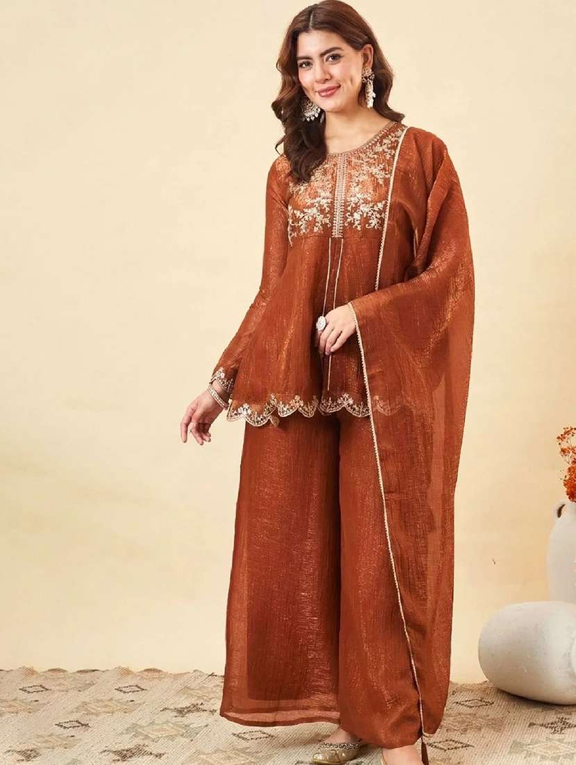 women embroidered long sleeve kurta palazzo with dupatta set