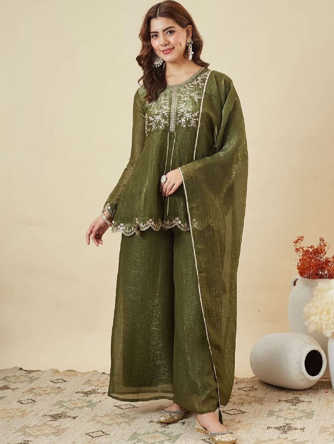 women embroidered long sleeve kurta palazzo with dupatta set