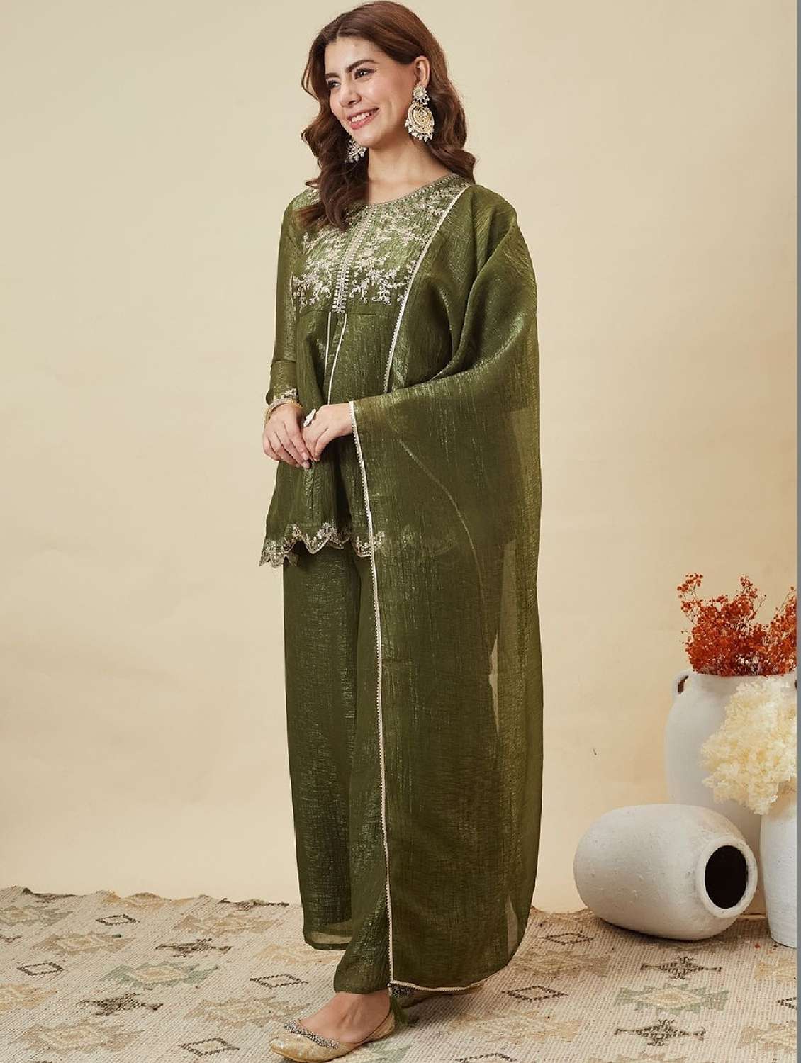 women embroidered long sleeve kurta palazzo with dupatta set - 22524458 -  Standard Image - 3