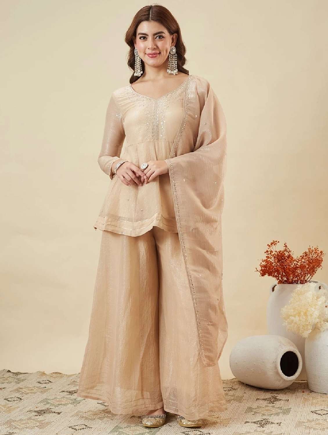 women embroidered long sleeve kurta palazzo with dupatta set