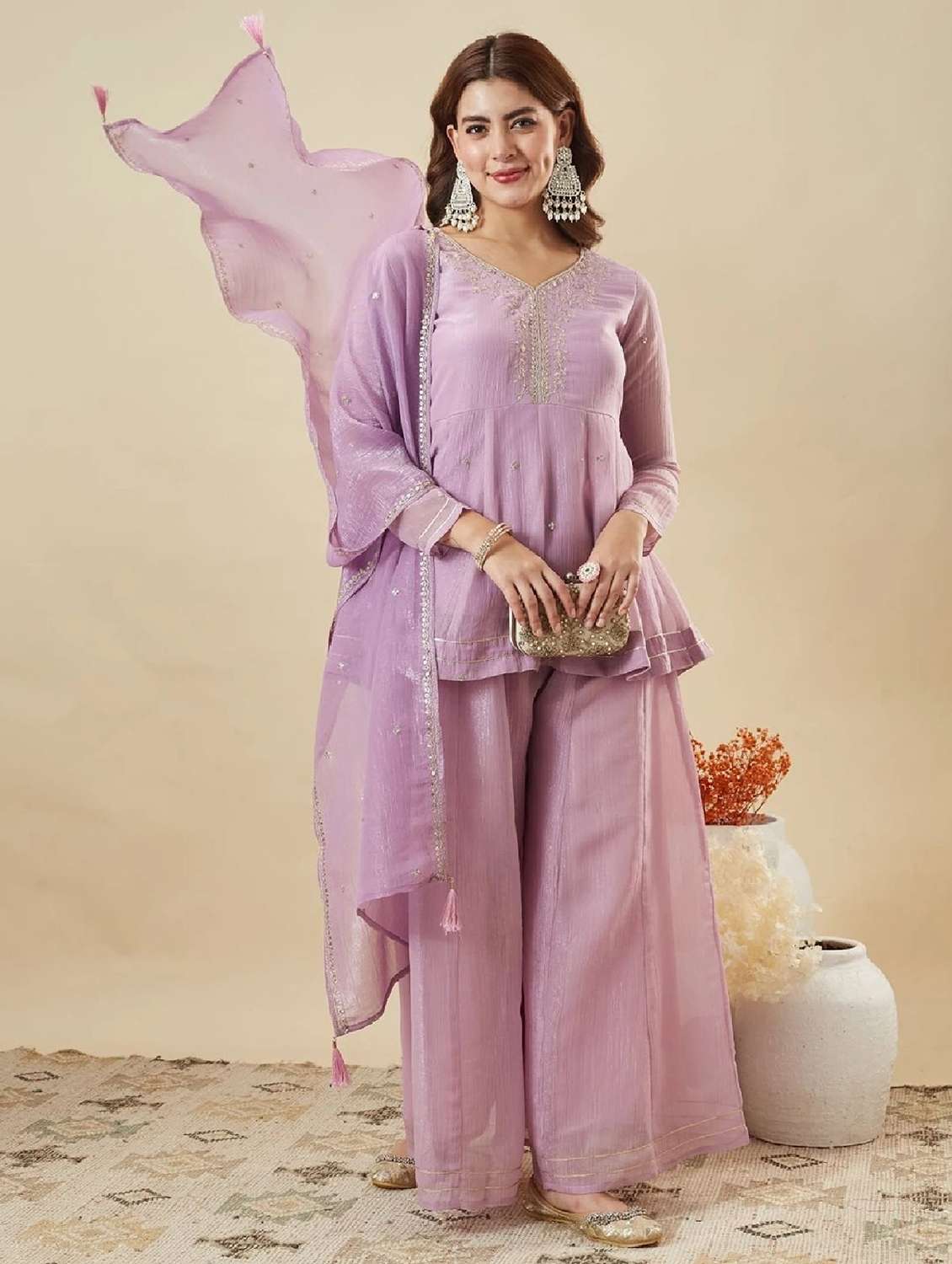 women embroidered long sleeve kurta palazzo with dupatta set