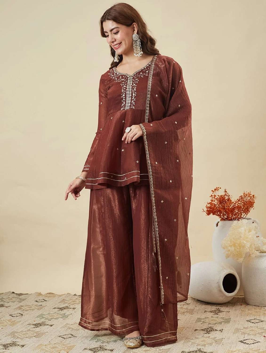 women embroidered long sleeve kurta palazzo with dupatta set