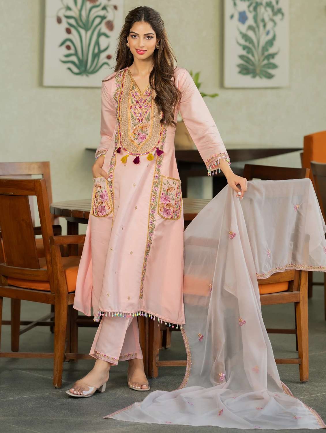 women embroidered three quarter sleeve kurta pant with dupatta set