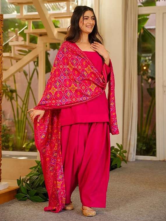women solid long sleeve kurta salwar with dupatta set