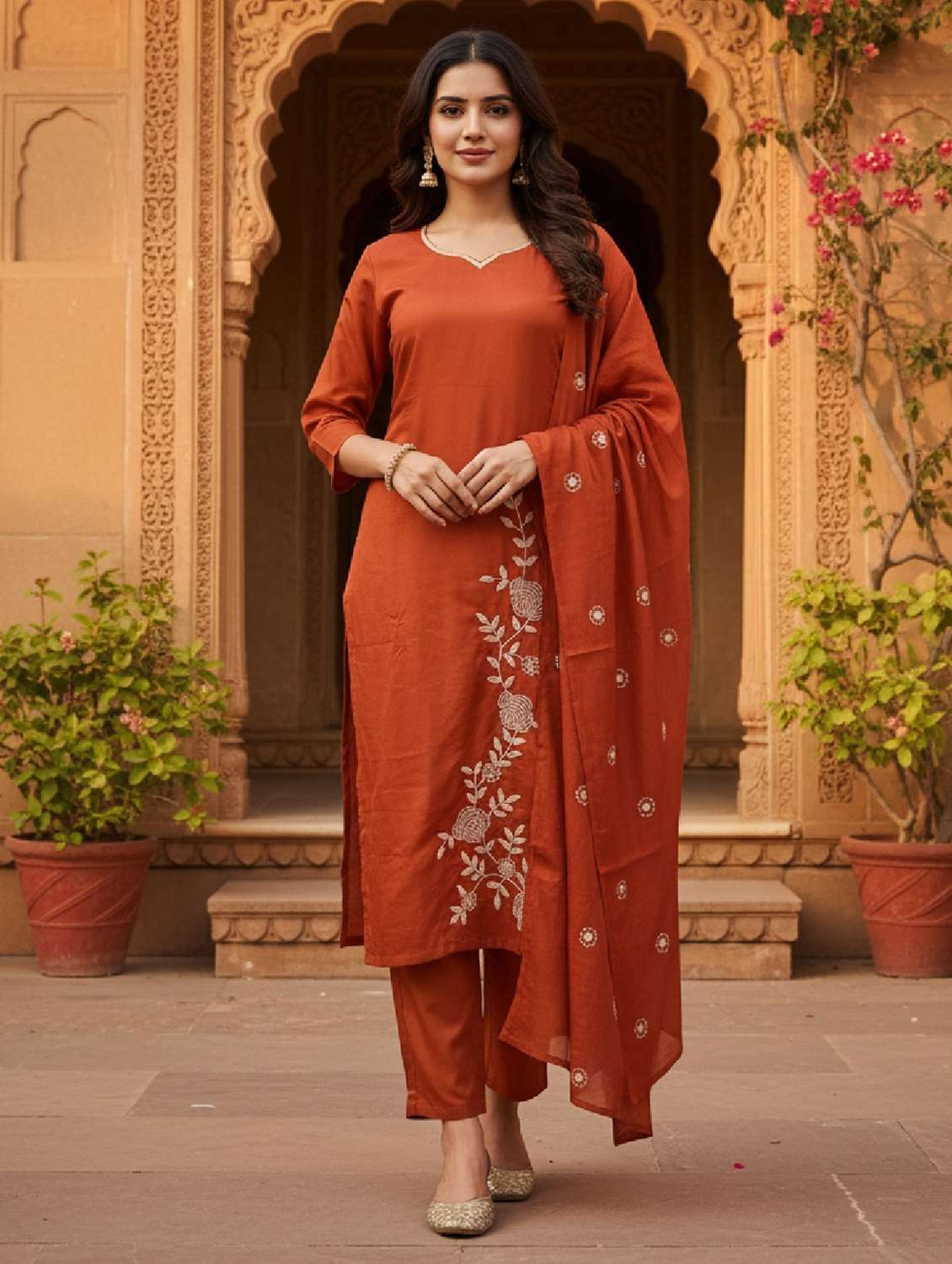 women embroidered three quarter sleeve kurta pant with dupatta set