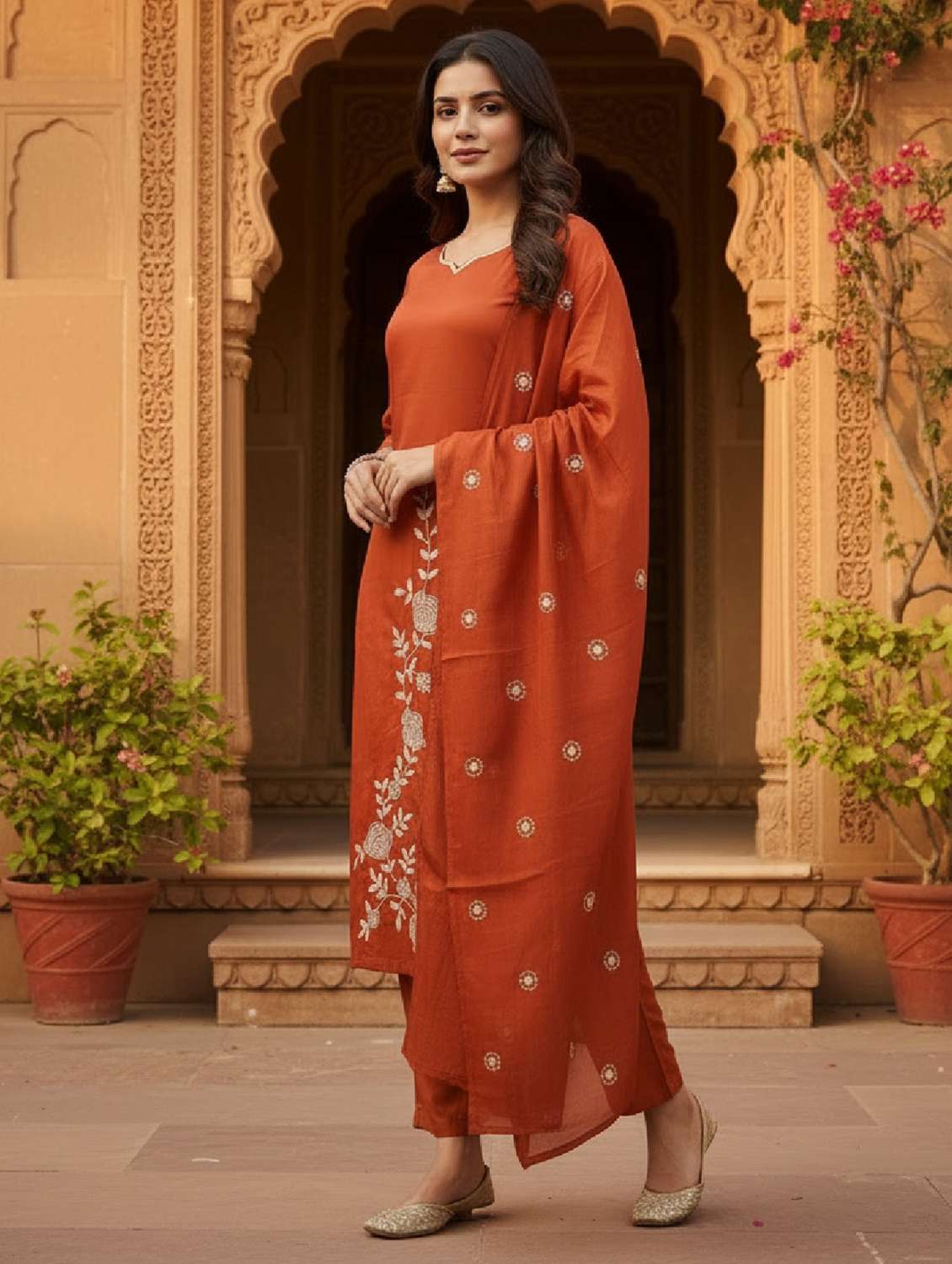women embroidered three quarter sleeve kurta pant with dupatta set - 22524472 -  Standard Image - 3