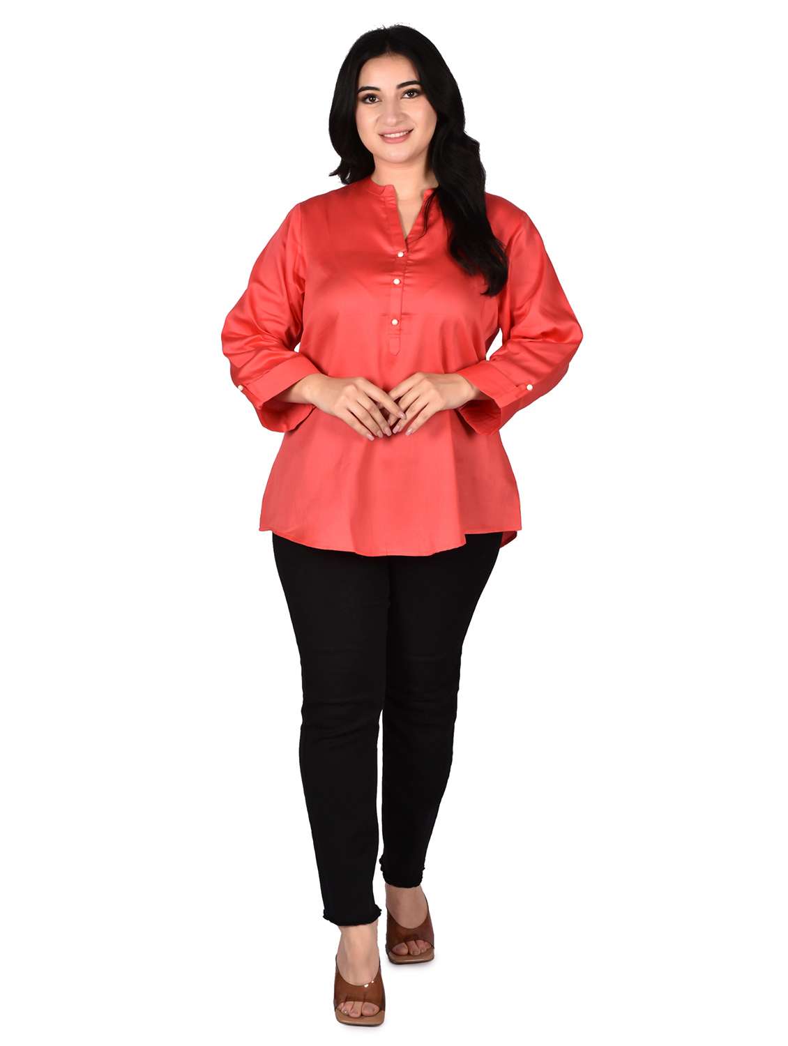 women solid mandarin neck regular top - 22524488 -  Standard Image - 3