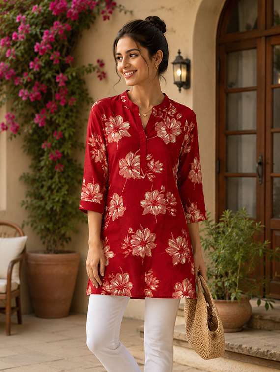 women printed three quarter sleeve straight kurti