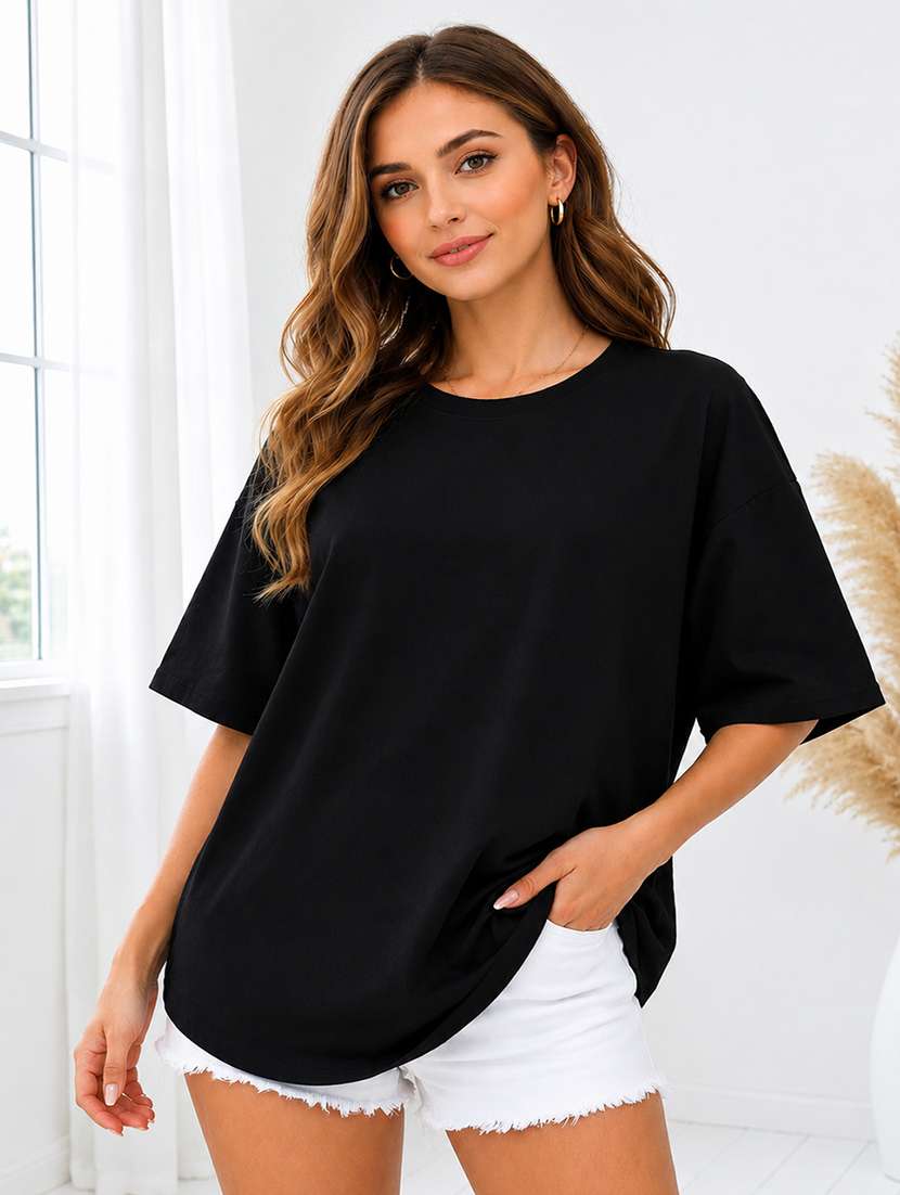 women solid short sleeves oversized t-shirt