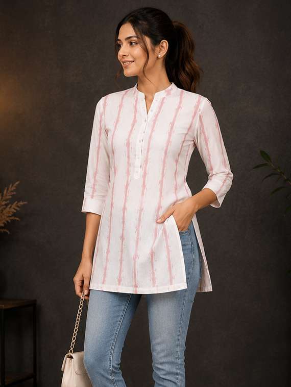 women printed three quarter sleeve straight kurti