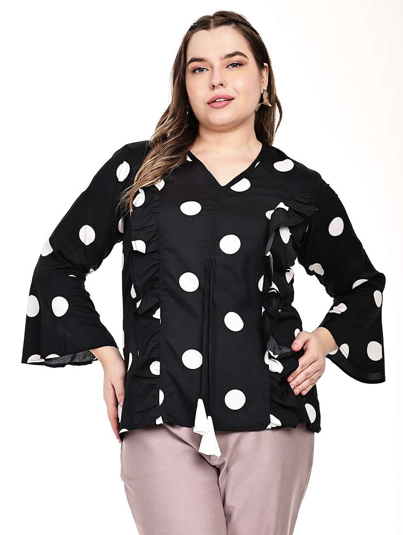 women printed v neck ruffle top