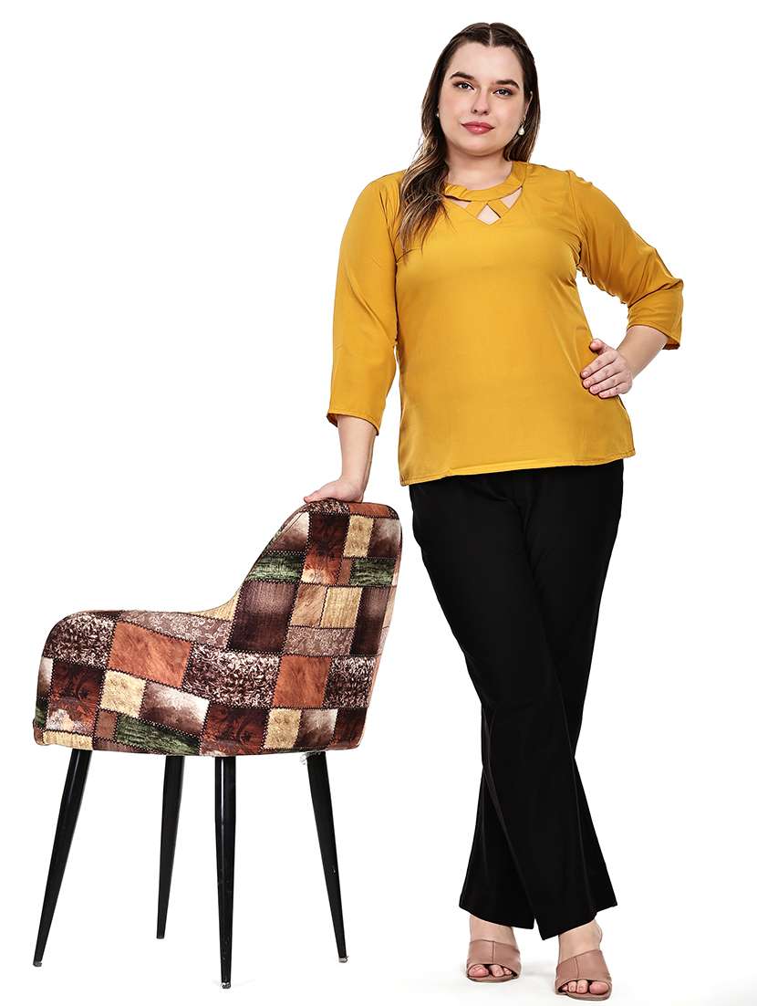 Yellow Crepe Solid Regular Fit Top With Criss-cross Neck - 22526626 -  Standard Image - 5