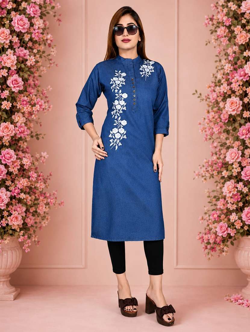women solid with work three quarter sleeve straight kurta