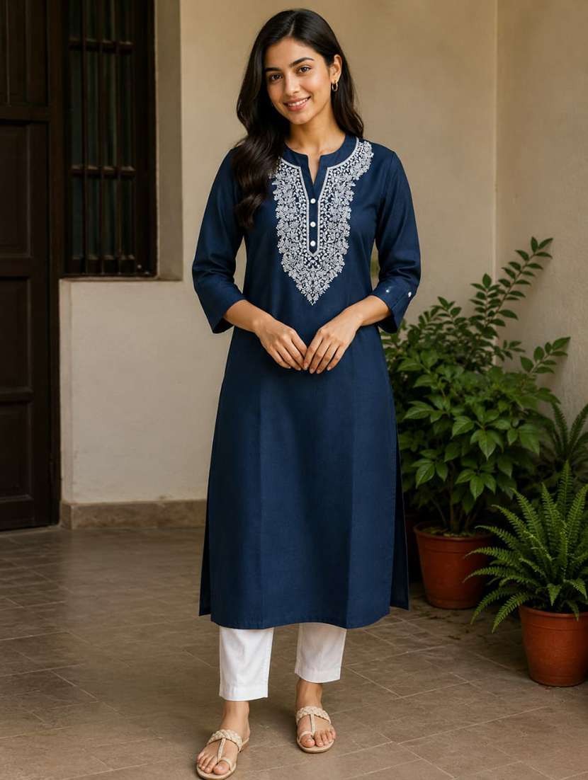 women embroidered three quarter sleeve straight kurta