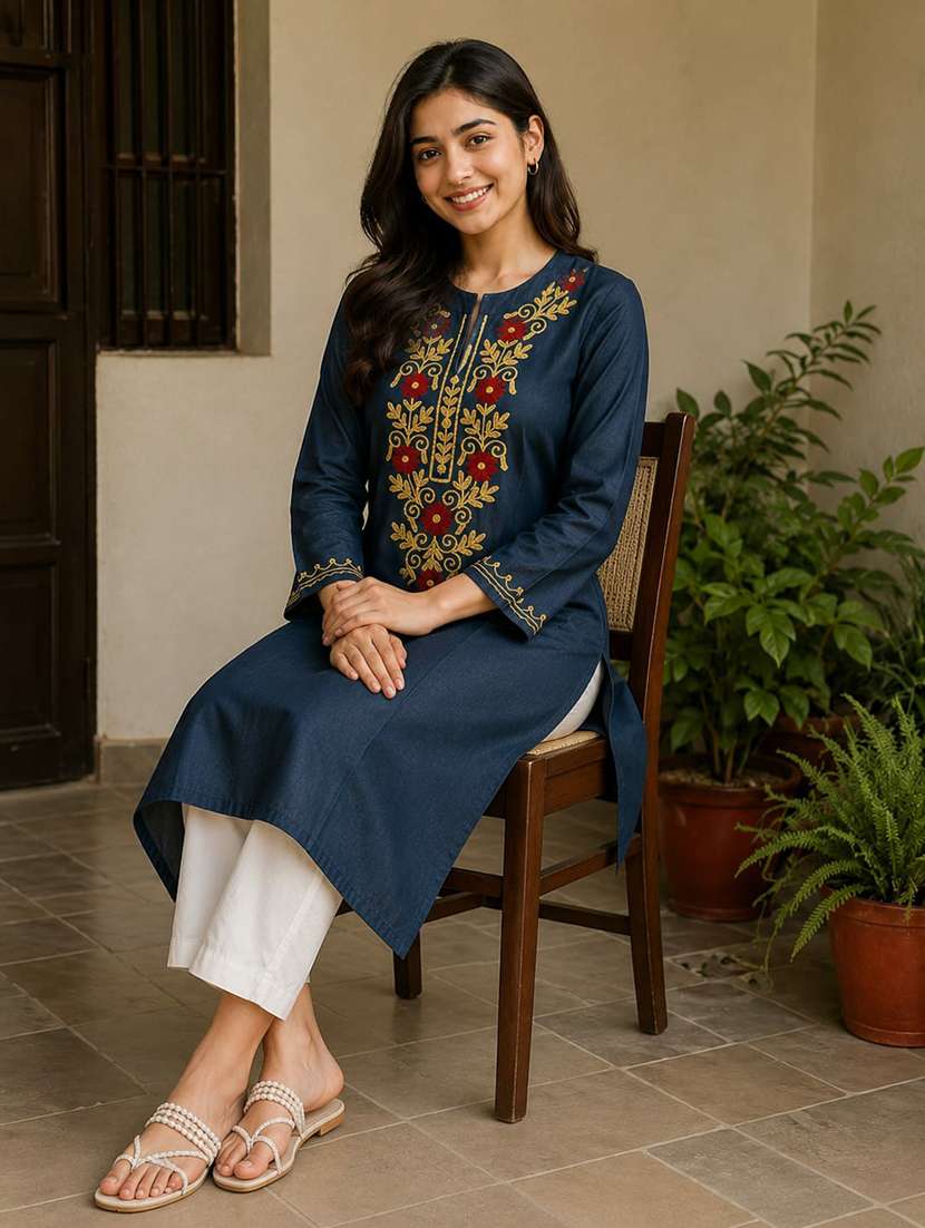 women embroidered three quarter sleeves straight kurta