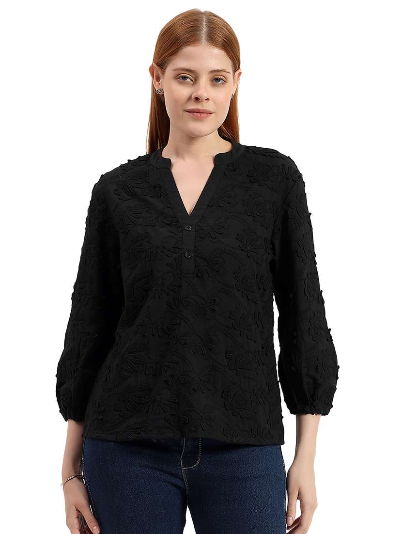 women embroidered mandarin neck regular top