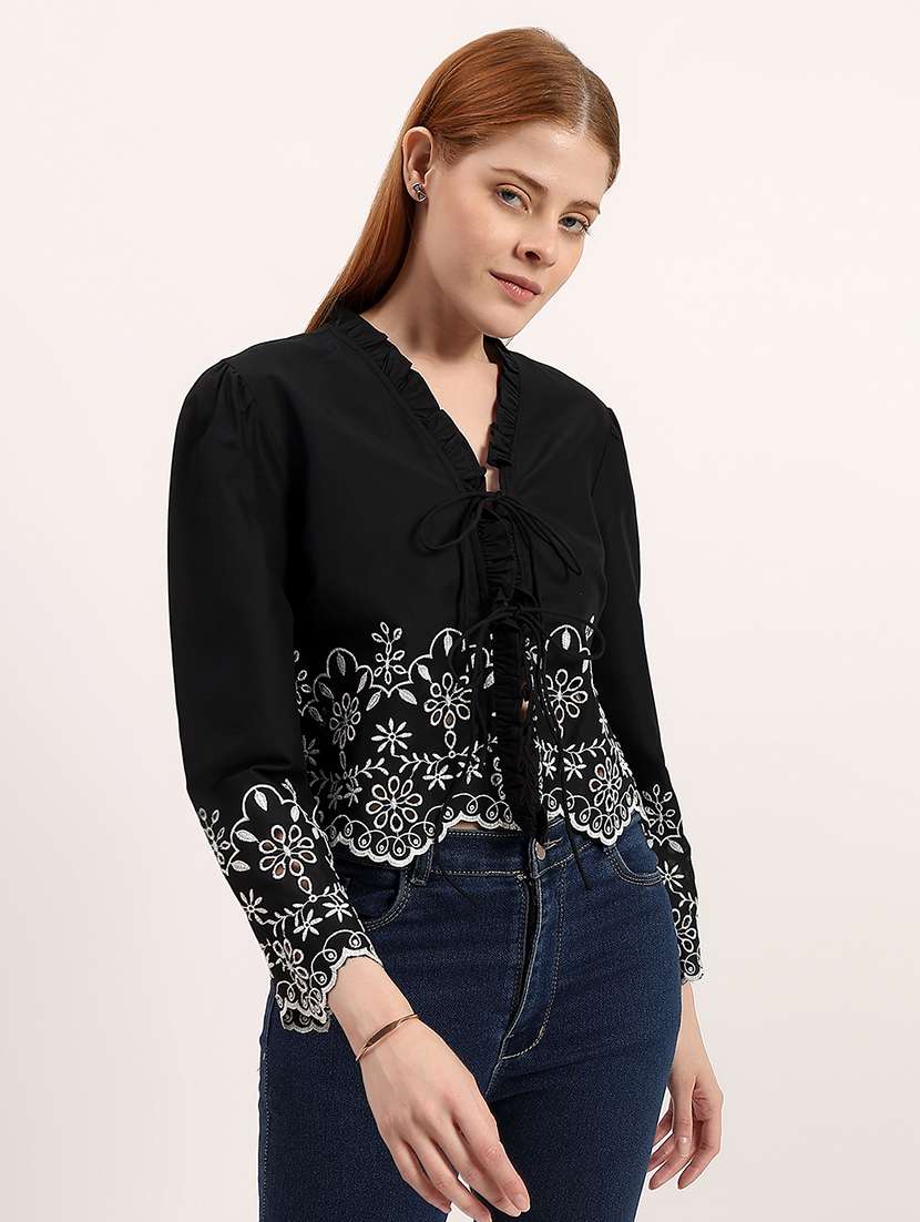 women embroidered tie up neck regular top - 22526757 -  Standard Image - 3