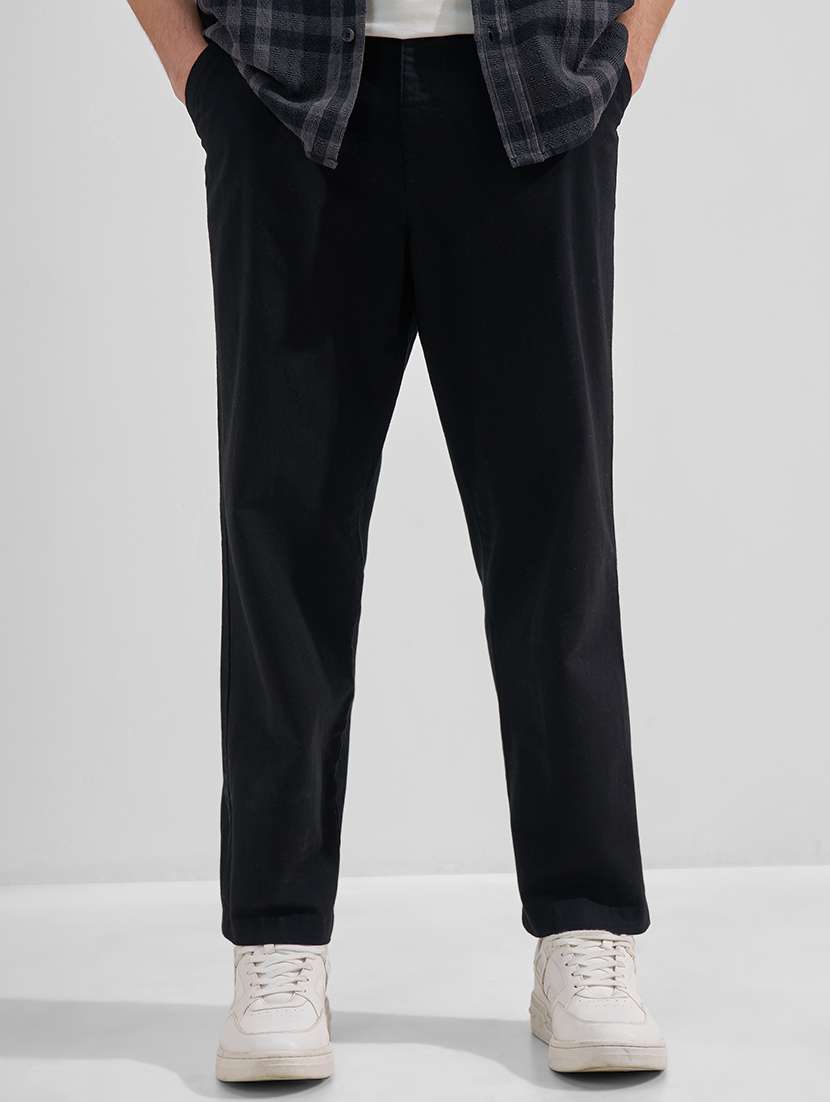men solid high rise flat front casual trouser