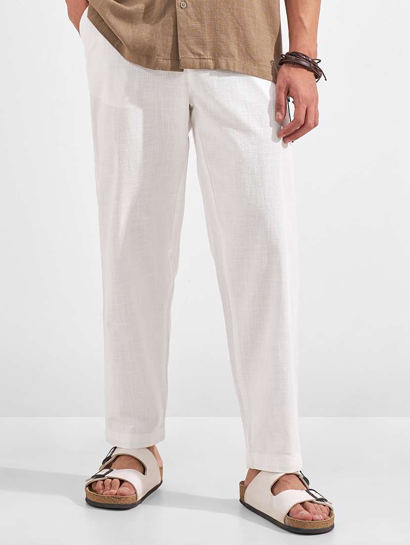 men solid high rise flat front casual trouser