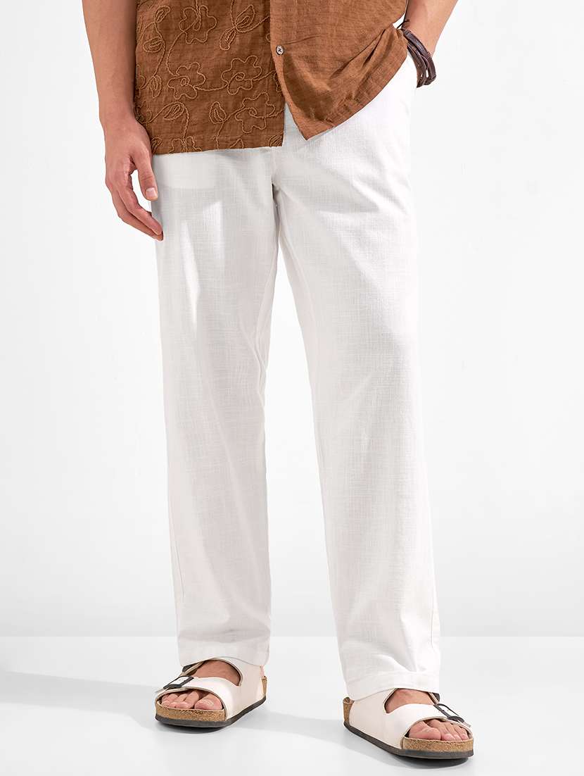 men solid high rise flat front casual trouser