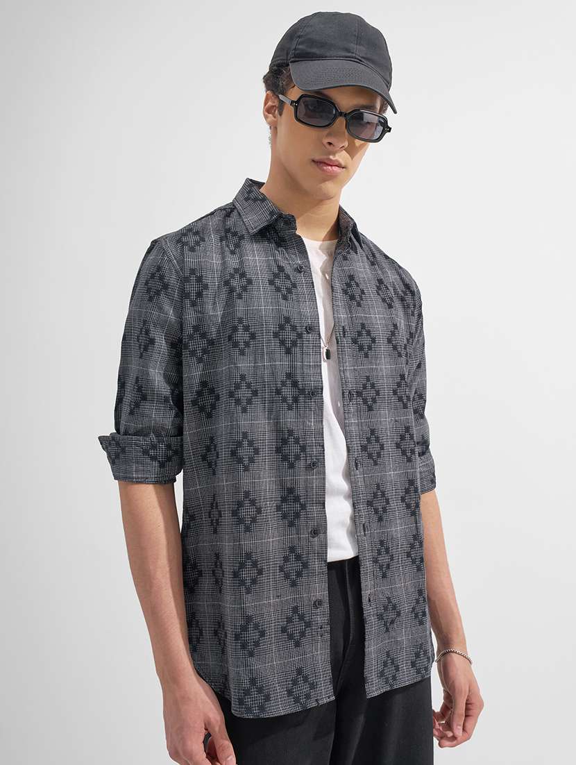men self design long sleeve regular fit casual shirt