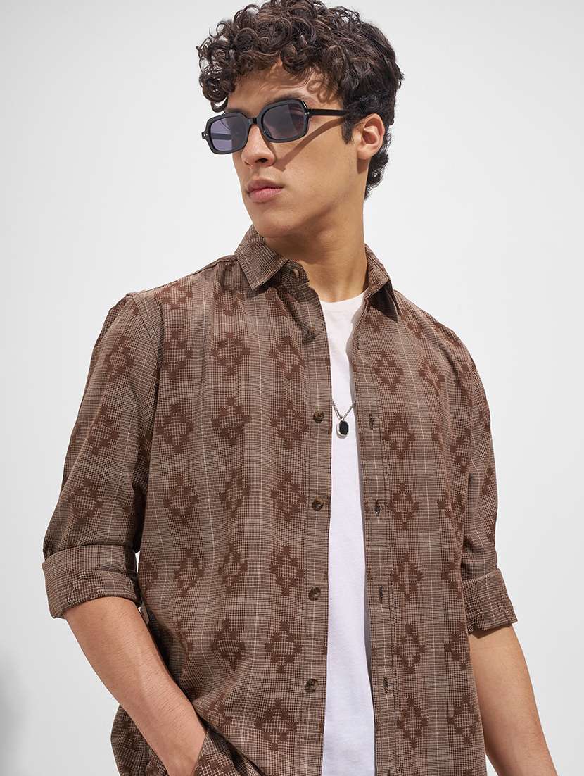 men self design long sleeve regular fit casual shirt