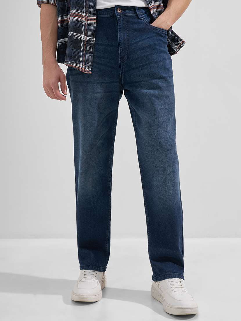 men washed mid rise full length straight jeans