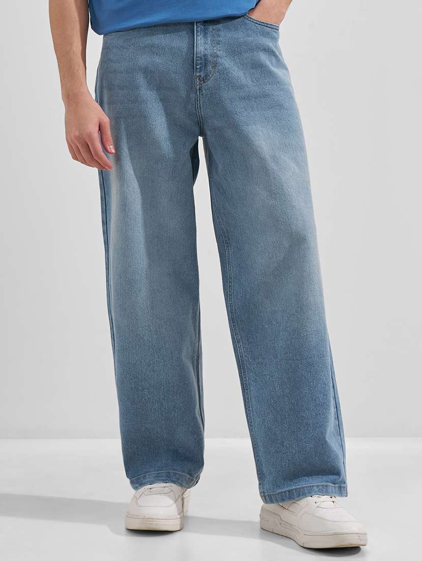 men washed mid rise full length baggy jeans
