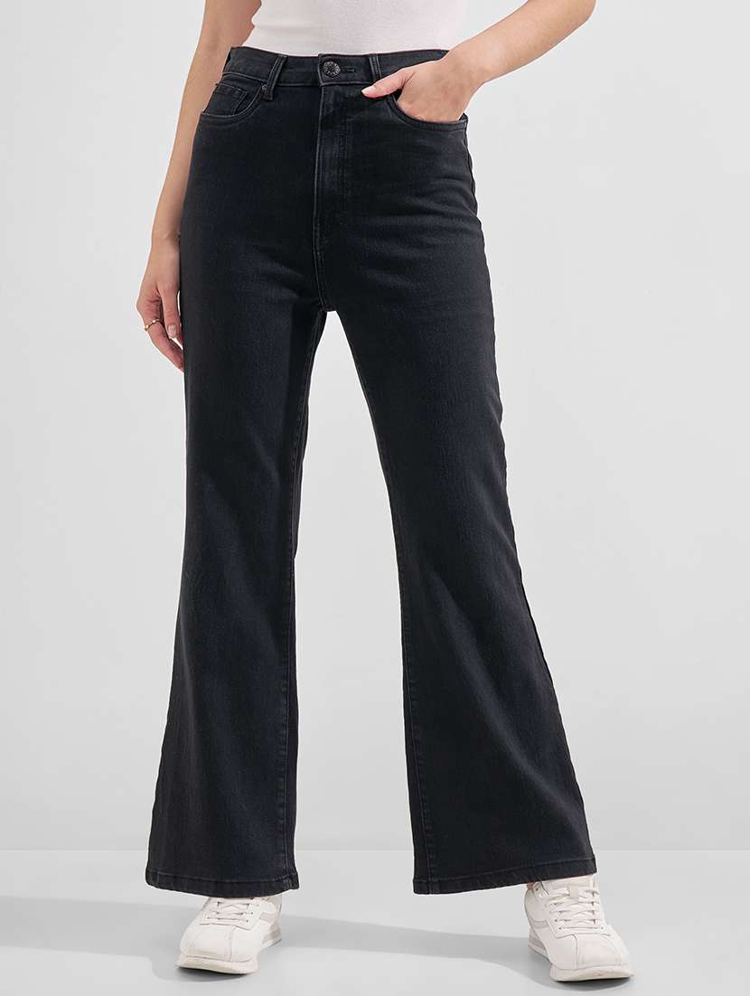 women solid high rise bootcut jeans