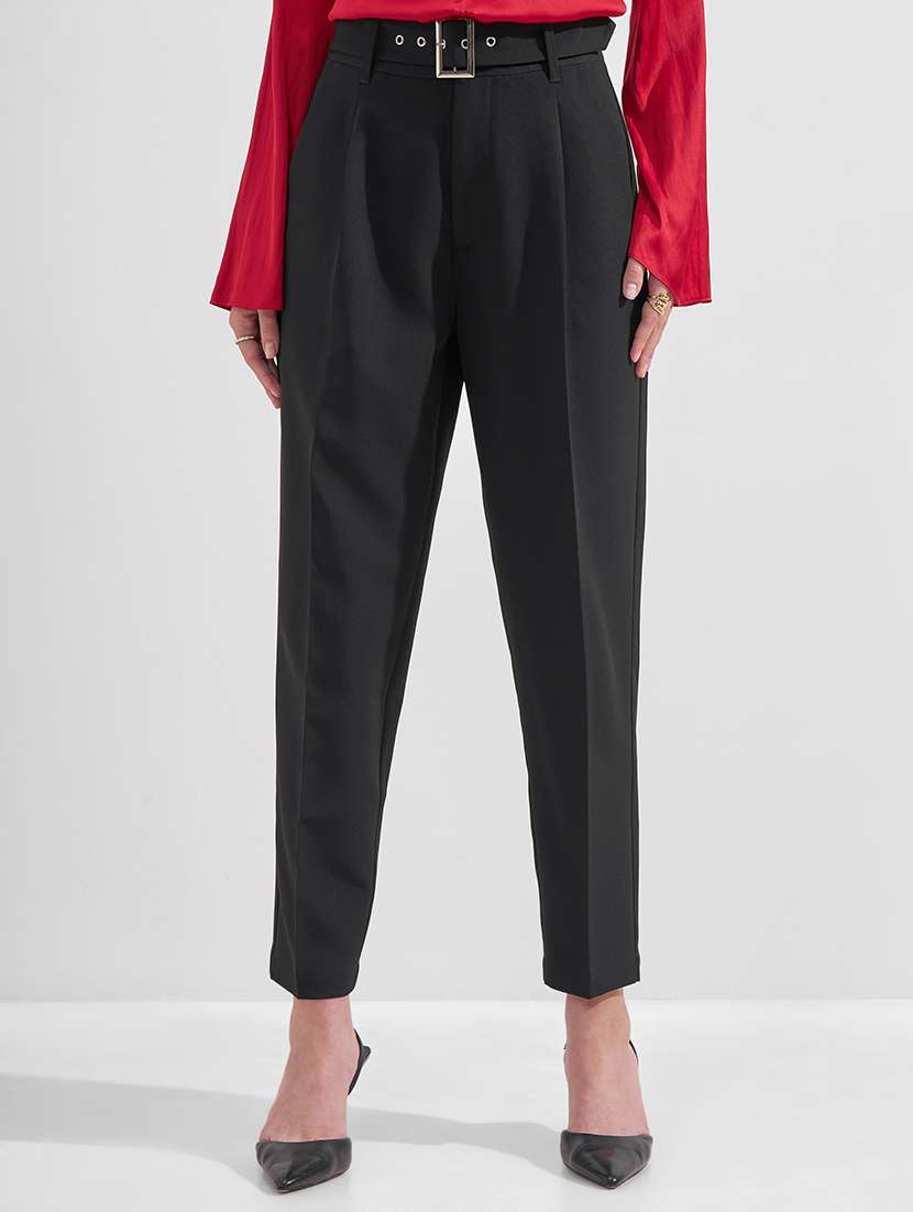 women solid high rise cigarette pants