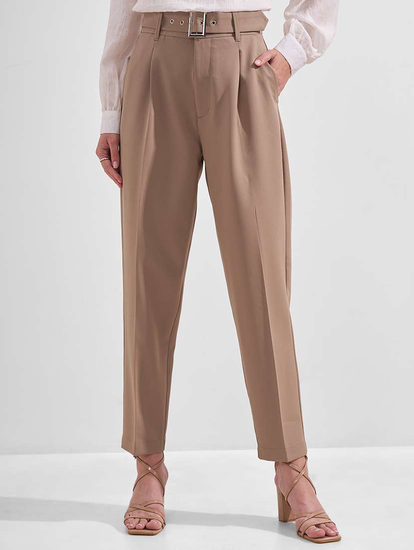 women solid high rise cigarette pants
