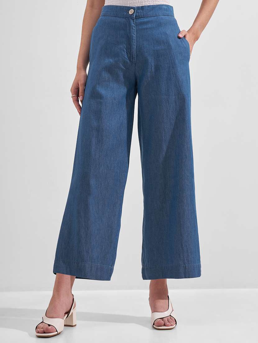 women solid mid rise wide leg trouser