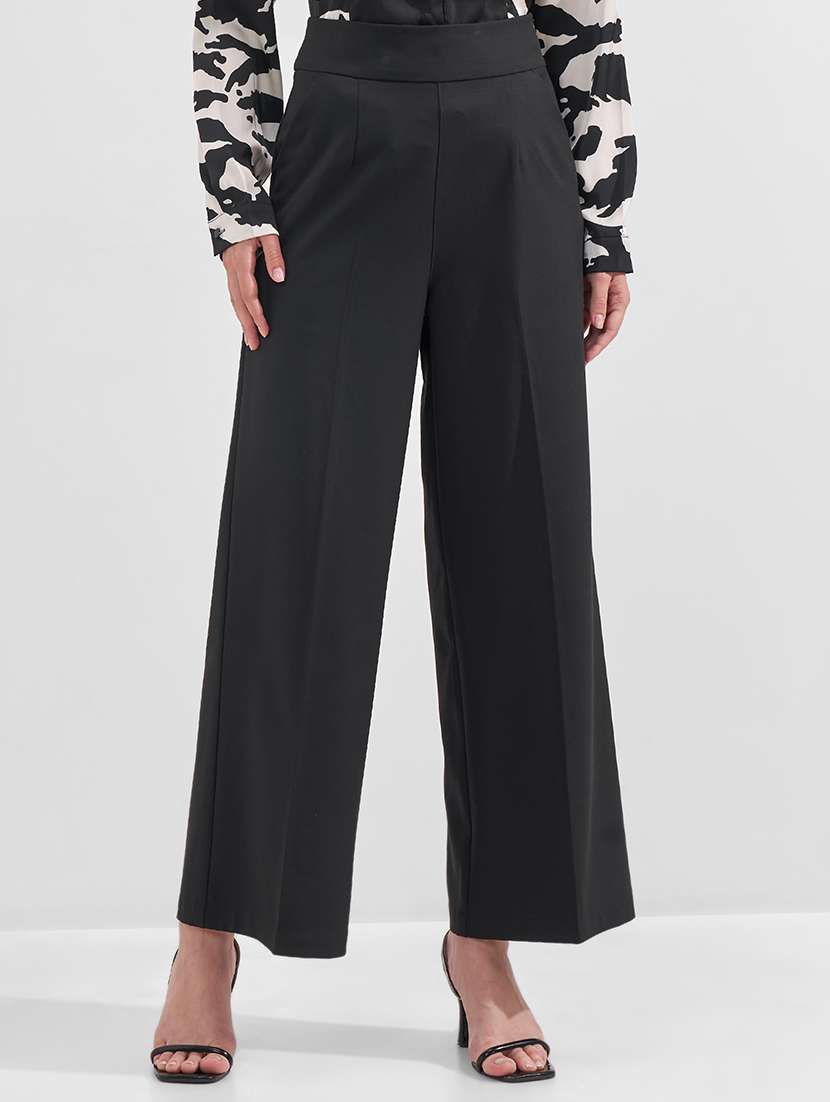 women solid high rise wide leg trouser