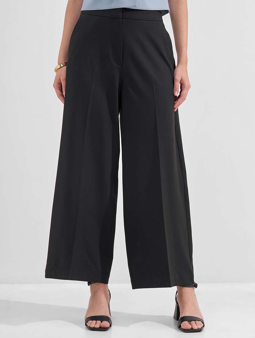 women solid high rise wide leg trouser