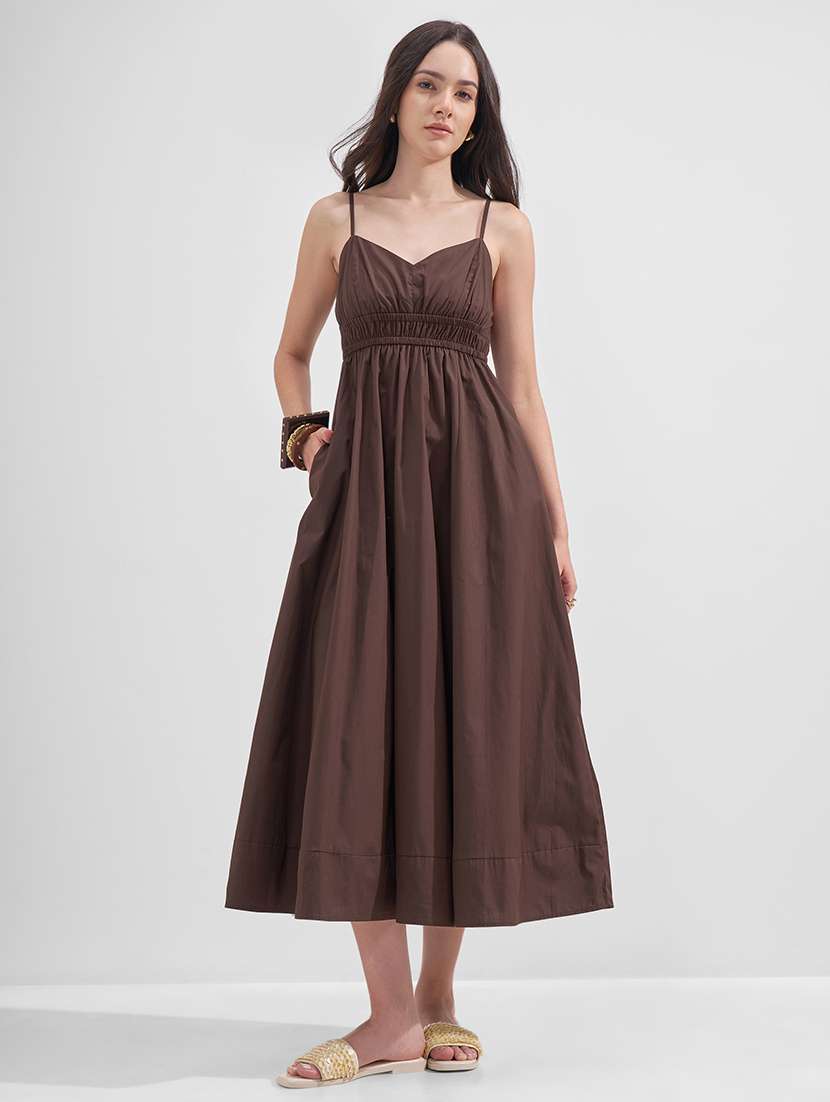 women solid shoulder strap fit and flare dress
