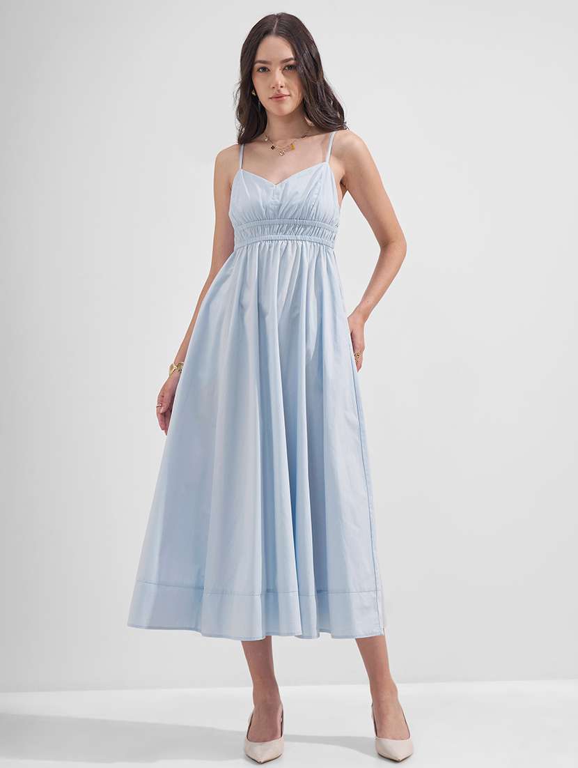 women solid shoulder strap fit and flare dress