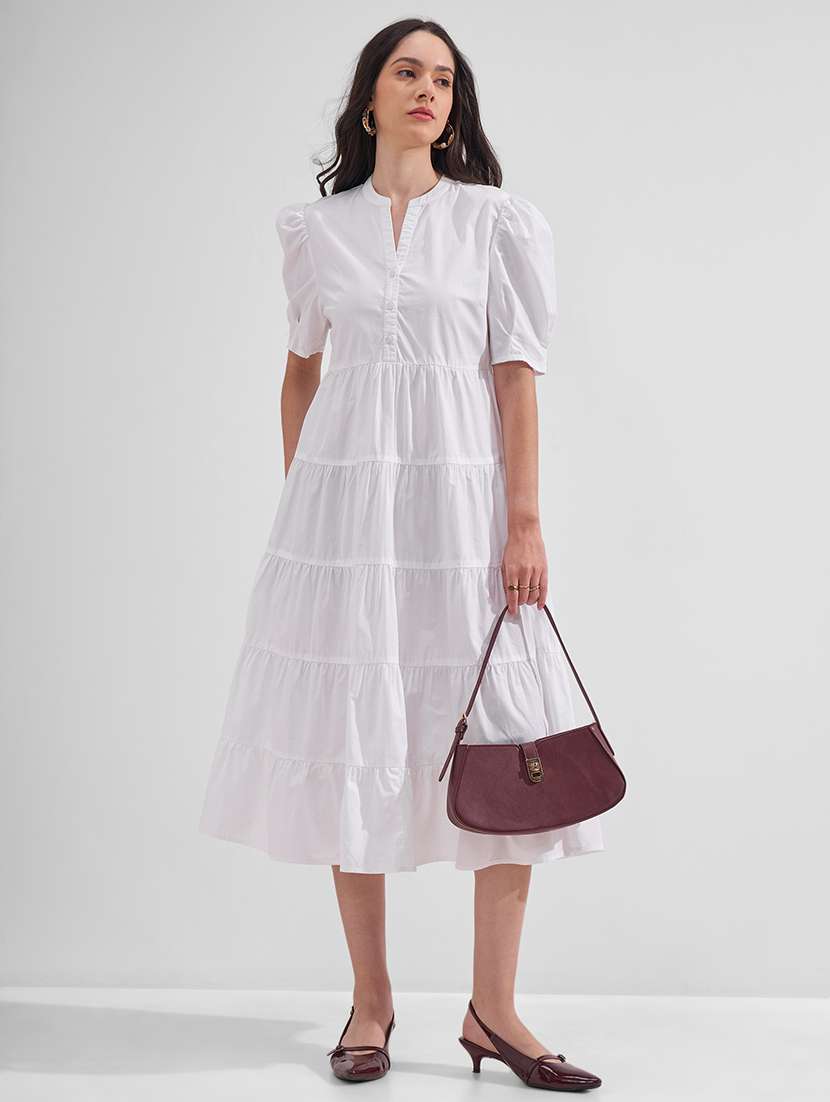 women solid mandarin neck tiered dress