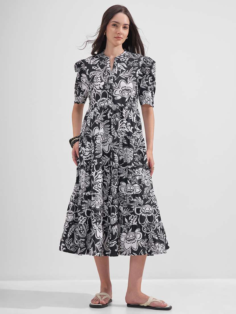 women printed mandarin neck tiered dress