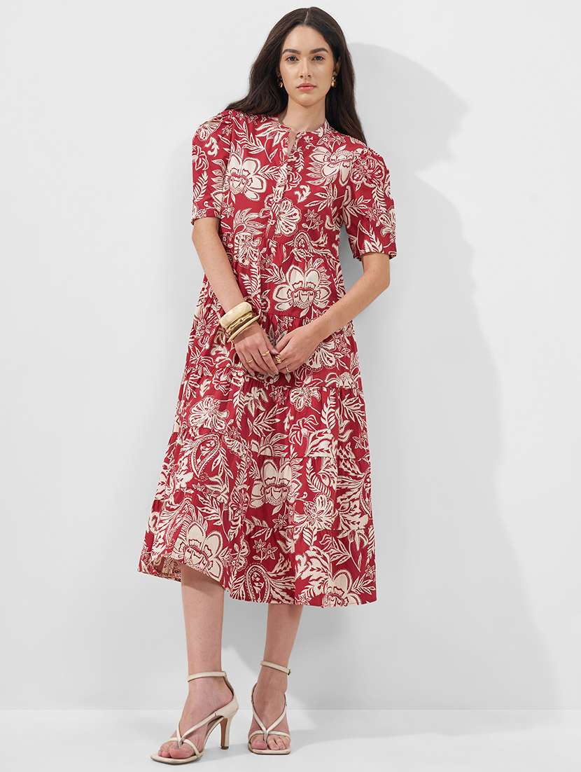 women printed mandarin neck tiered dress