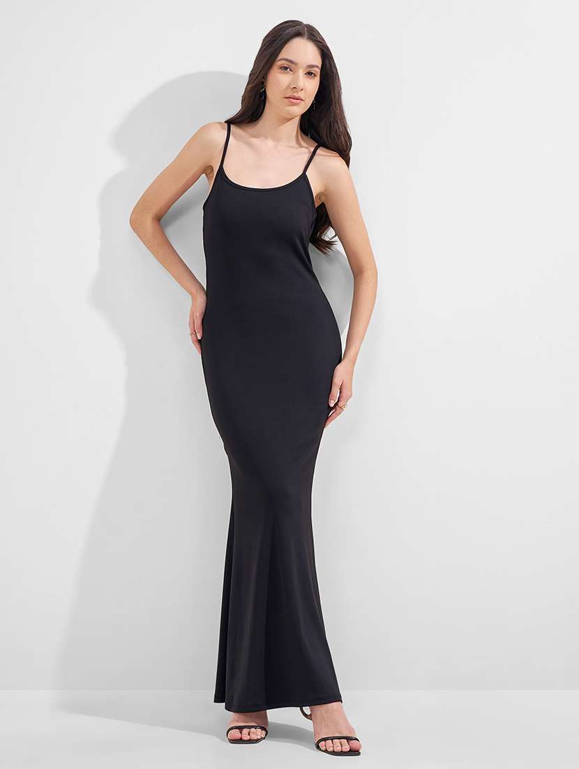 women solid shoulder strap bodycon dress