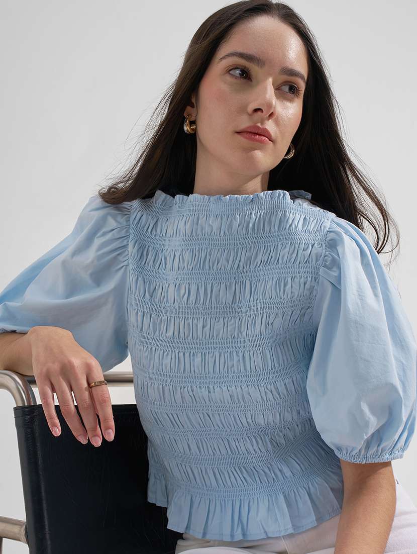 women solid puff sleeves ruched top