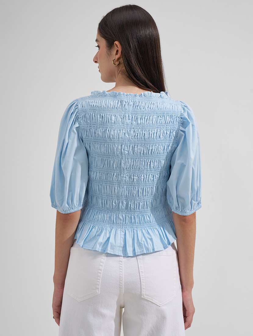 women solid puff sleeves ruched top - 22526987 -  Standard Image - 3