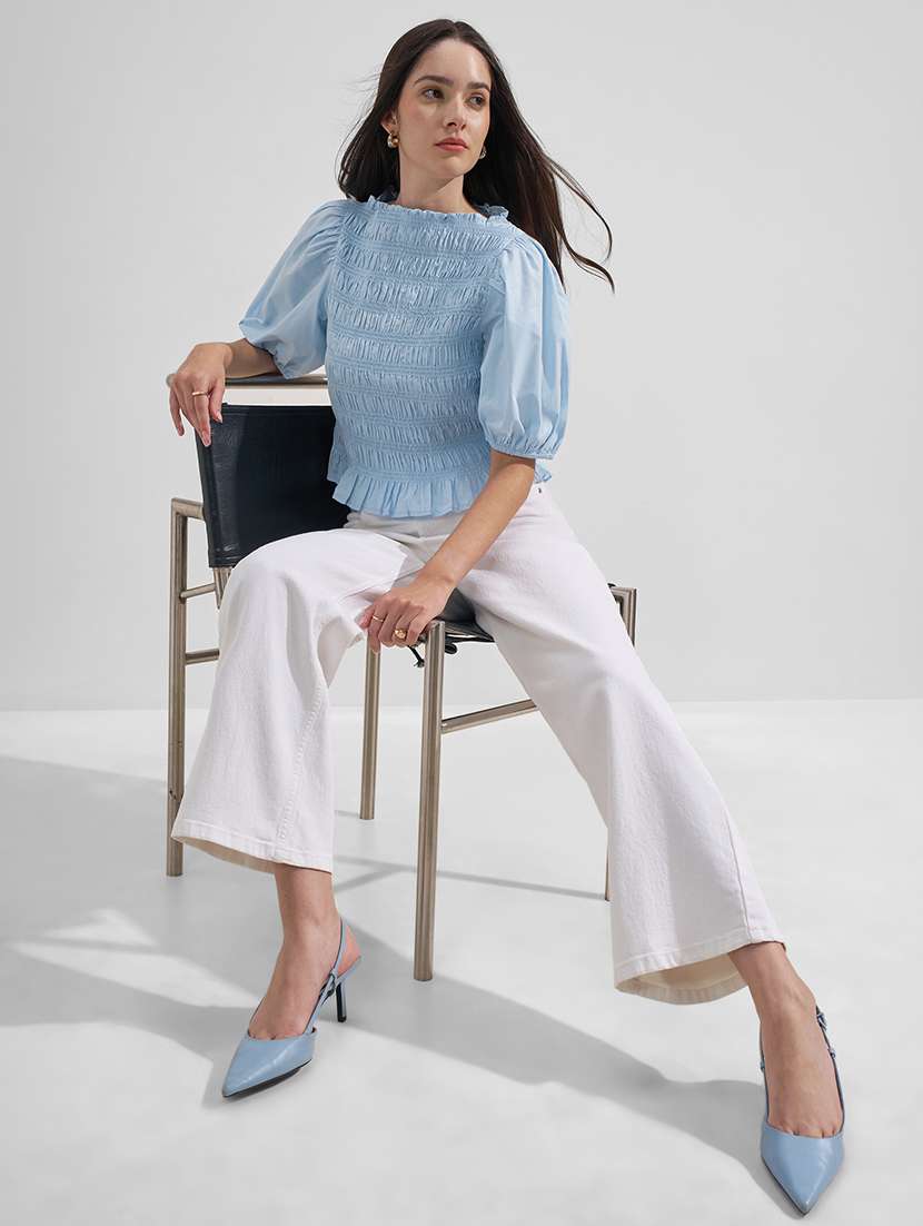 women solid puff sleeves ruched top - 22526987 -  Standard Image - 5
