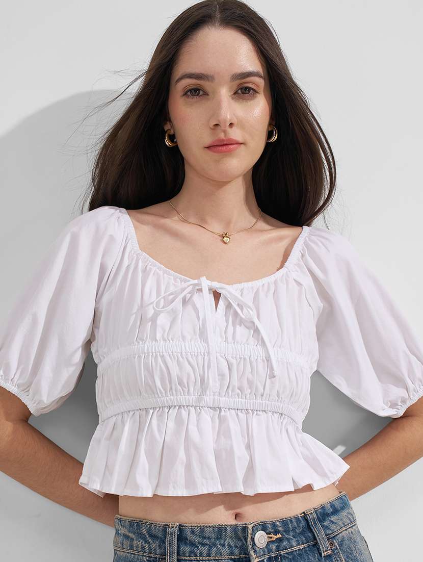 women solid puff sleeves smocked crop top