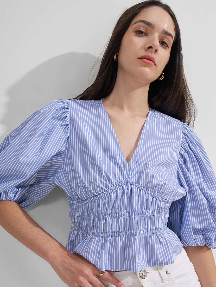 women printed puff sleeves smocked crop top
