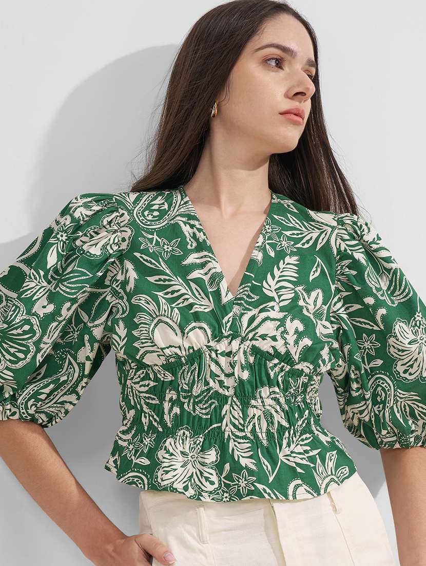 women printed v neck puff sleeves crop top